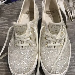 Kate Spade Keds , white glitter ,platform sneaker, 2 sets laces ,ribbon ,white
